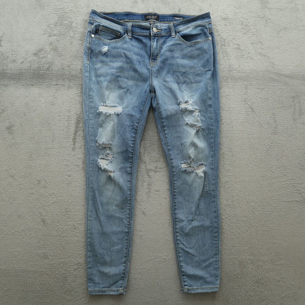 Judy Blue Jeans Junior's Size 15/32 Blue Mid-Rise Skinny Fit 28" Inseam Destroy